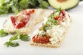 Crispy low-calorie wheat crackers with curd cheese and sun-dried tomatoes on a background of avocado and greens Royalty Free Stock Photo