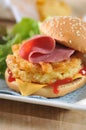 Crispy macaroni and cheese with smoked beef and chili sauce - hamburger Royalty Free Stock Photo