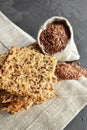 Crispy multigrain cookies with flax seed, sunflower seeds and sesame. Healthy, pastry.