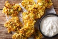 crispy Onion Bhajis vegan snack or starter with yogurt close-up. Horizontal top view