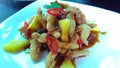 Crispy oyster mushrooms with Indonesian salad sauce, Rujak sauce. Fresh Pineapple