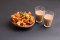 Crispy pakoras, Aloo pakoda, pyaaz pakoda, mirchi pakoda in rainy season with hot chai or tea