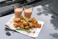 Crispy pakoras, Aloo pakoda, pyaaz pakoda, mirchi pakoda in rainy season with hot chai or tea