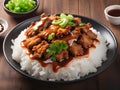 crispy pork with rice, pork rice or rice topped with crispy pork and sauce