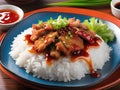 crispy pork with rice, pork rice or rice topped with crispy pork and sauce