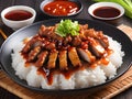 crispy pork with rice, pork rice or rice topped with crispy pork and sauce