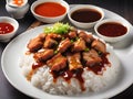 crispy pork with rice, pork rice or rice topped with crispy pork and sauce