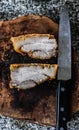 Crispy pork on wooden block and knife Royalty Free Stock Photo