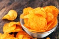 Crispy potato chips in a bowl. Tasty paprika chips