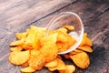 Crispy potato chips in a bowl. Tasty paprika chips