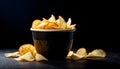 Crispy potato chips in a cup on a dark background, tinted