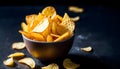 Crispy potato chips in a cup on a dark background, tinted