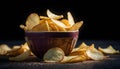 Crispy potato chips in a cup on a dark background, tinted