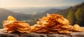 Crispy potato chips on defocused background with ample space for text placement and branding