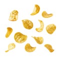 Crispy Potato Chips Float On A Clean White Background. Junk Food, Snack Concept Royalty Free Stock Photo
