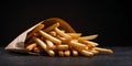 crispy potato French fries on paper bag on a dark background