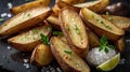 Golden Potato Wedges with Herbs, Sea Salt, and Lime on Dark Background Royalty Free Stock Photo