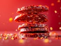 Crispy Salami Chips with Hot Pepper Flakes on a Vibrant Red Background Gourmet Snack Concept