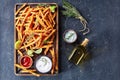 Crispy salty Sweet Potato Fries on a board Royalty Free Stock Photo