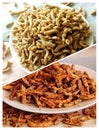 Crispy savory intestinal chips and spicy stik fried baso Royalty Free Stock Photo