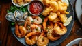 Crispy seafood assortment with fresh lemon and greens Royalty Free Stock Photo