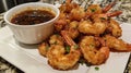 Crispy Shrimp Appetizer with Spicy Sauce, Kitchen Setting Royalty Free Stock Photo