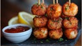 Crispy shrimp skewers, lemon slices, & sauce Royalty Free Stock Photo
