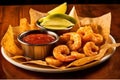 Crispy shrimp with tortilla chips and salsa on a wooden table