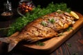 Crispy Smoked fish grill fire. Generate Ai Royalty Free Stock Photo