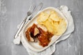 crispy tasty baked piglet and potato in ceramic dish