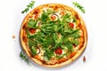 Crispy Tasty pizza with vegetables and arugula salad isolated. Generate Ai