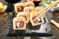 Crispy Tempura Maki Sushi Rolls or Uramaki with Raw Salmon Royalty Free Stock Photo