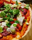 crispy and thin pizza, pizza with mixed lettuce and tomatoes, tomato sauce, dish from the oven, salty pastries, f ingredients