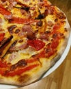 crispy and thin pizza, pizza with sausage and grilled peppers, tomato sauce, baked dish, salty pastries, fresh ingredients