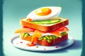 crispy toast with avocado as sandwich with salmon and fried egg