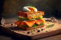 crispy toast with avocado as sandwich with salmon and fried egg