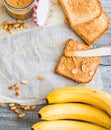 Crispy toast with peanut butter, bananas, breakfast, top view