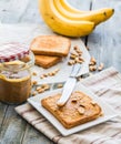 Crispy toast with peanut butter, bananas, breakfast