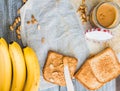 Crispy toast with peanut butter, bananas, breakfast