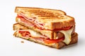 Crispy toasted sandwich with ham, melted cheese, tomato isolated on white background. Generative AI