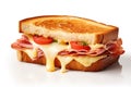 Crispy toasted sandwich with ham, melted cheese, tomato isolated on white background. Generative AI