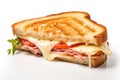 Crispy toasted sandwich with ham, melted cheese, tomato isolated on white background. Generative AI