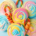 Crispy unicorn rainbow twisted meringue and confectionery lolly pops candies on blue background. Concept love of sweet, birthday Royalty Free Stock Photo