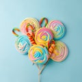 Crispy unicorn rainbow twisted meringue and lolly pops candies on blue background. Concept love of sweet, birthday party, sugar Royalty Free Stock Photo