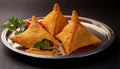 Crispy vegetable samosas served on a silver plate Royalty Free Stock Photo