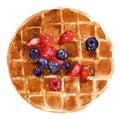 Crispy Viennese waffles with strawberries, blueberries and syrup. Watercolor illustration isolated on white background