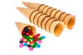 Crispy waffle cones with colorful candies Royalty Free Stock Photo