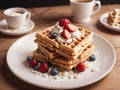 Crispy waffles with blueberries and strawberries on a white plate.