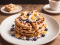 Crispy waffles with blueberries on a white plate.