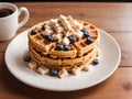 Crispy waffles with blueberries on a white plate.